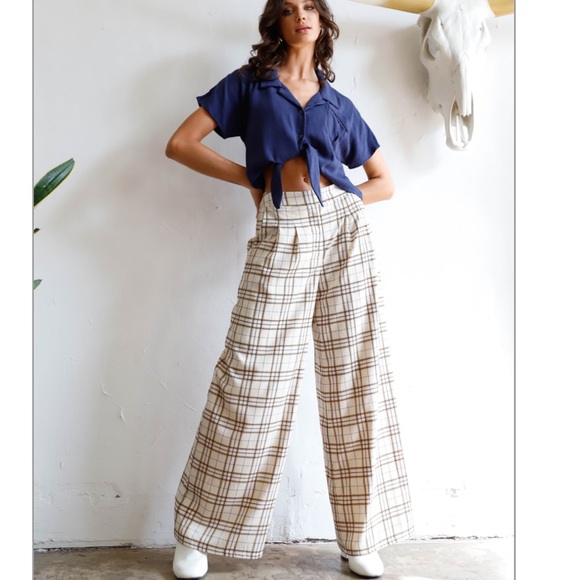 NEW Ivory Multi  Color Plaid Wide Leg Pants - Picture 3 of 8